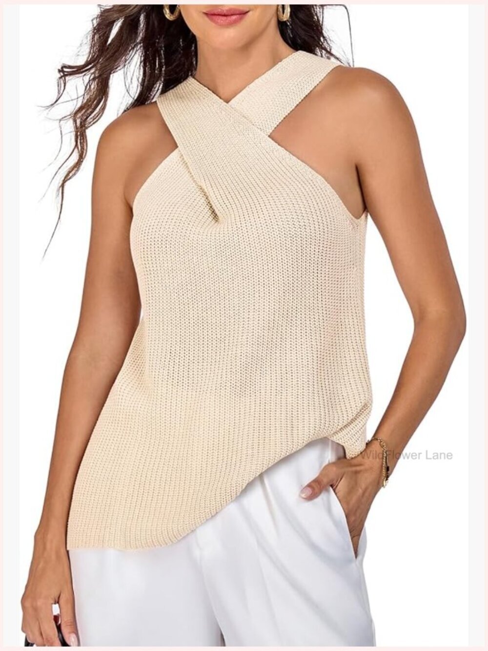 Halter Cross Over Collar Tank Knit Sleeveless Lightweight Summer Top